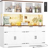 Unikito 71" Kitchen Pantry Cabinet with LED Light &amp; Outlet, Microwave Stand | White &amp; Rustic, 63" Wide, DIY Pegboard Panel, Storage Drawers, Adjustable Shelves, Kitchen Buffet Hutch for Dining Room