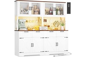 Unikito 71" Tall Kitchen Pantry Storage Cabinet with LED Light & Outlet, 63" Wide Kitchen Hutch Cabinet with Large Countertop, DIY Pegboard and Drawers, Farmhouse Food Pantry for Living Room,