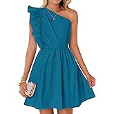 ZESICA Women's Summer One Shoulder Ruffle Dress Boho Sleeveless Elastic High Waist Swing Mini Dresses