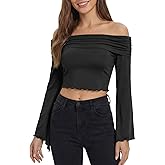 ZAFUL Women's Ruffle Blouse Off Shoulder Crop Bell Sleeve Pleated Top Asymmetrical Neckline Renaissance Shirt Black M