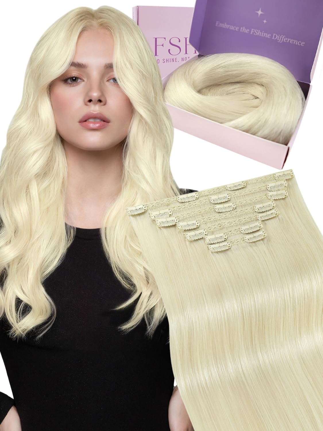 Fshine Clip in Hair Extensions Real Human Hair Full Head Platinum Blonde Real Hair 22inch Straight Thick Invisible Remy Natural Hair Double Weft Clip Extensions for Women 120g 7 Pcs, 1000