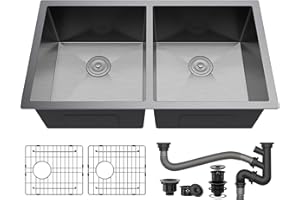 YITAHOME Black Kitchen Sink 33in Undermount 50/50 Double Bowl 16 Gauge Stainless Steel Nano Gunmetal Black Bar Sink with Accessories for Workstation, Prep Kitchen, 33 x 19 x 10in