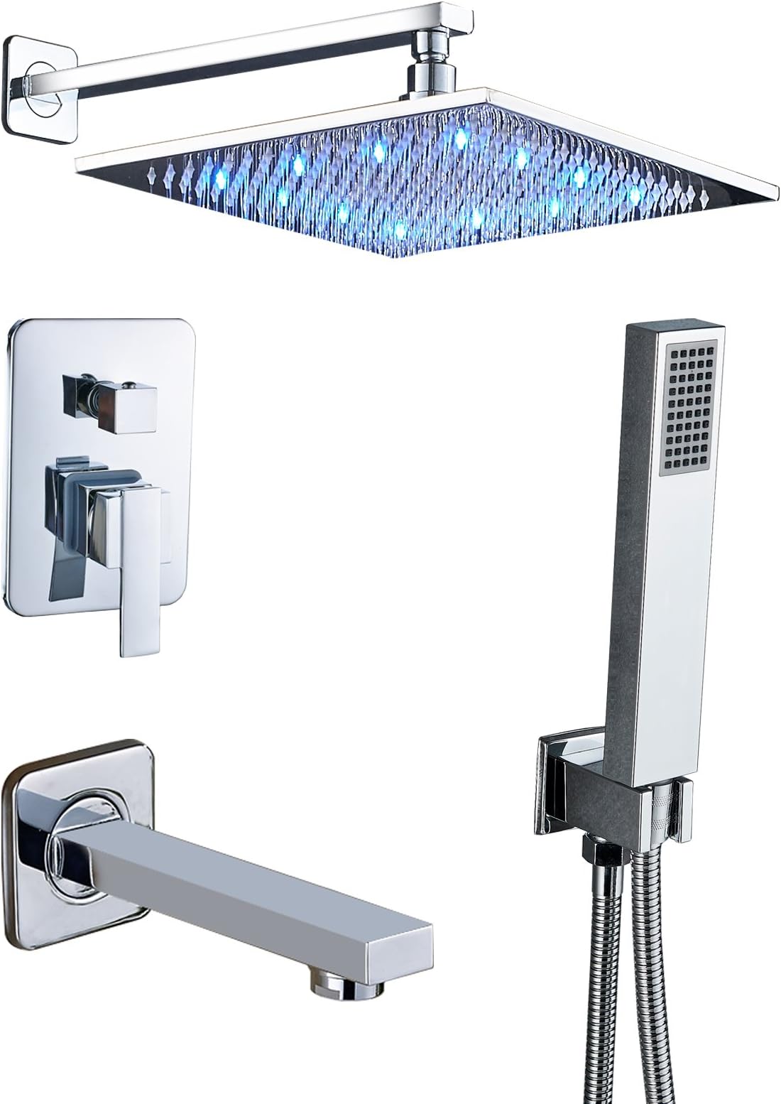 Senlesen Chrome Rain Mixer Shower Combo Set Wall Mounted 3 Way Shower System with 12" LED Light Rainfall Shower Head Handheld Shower and Tub Spout Faucet