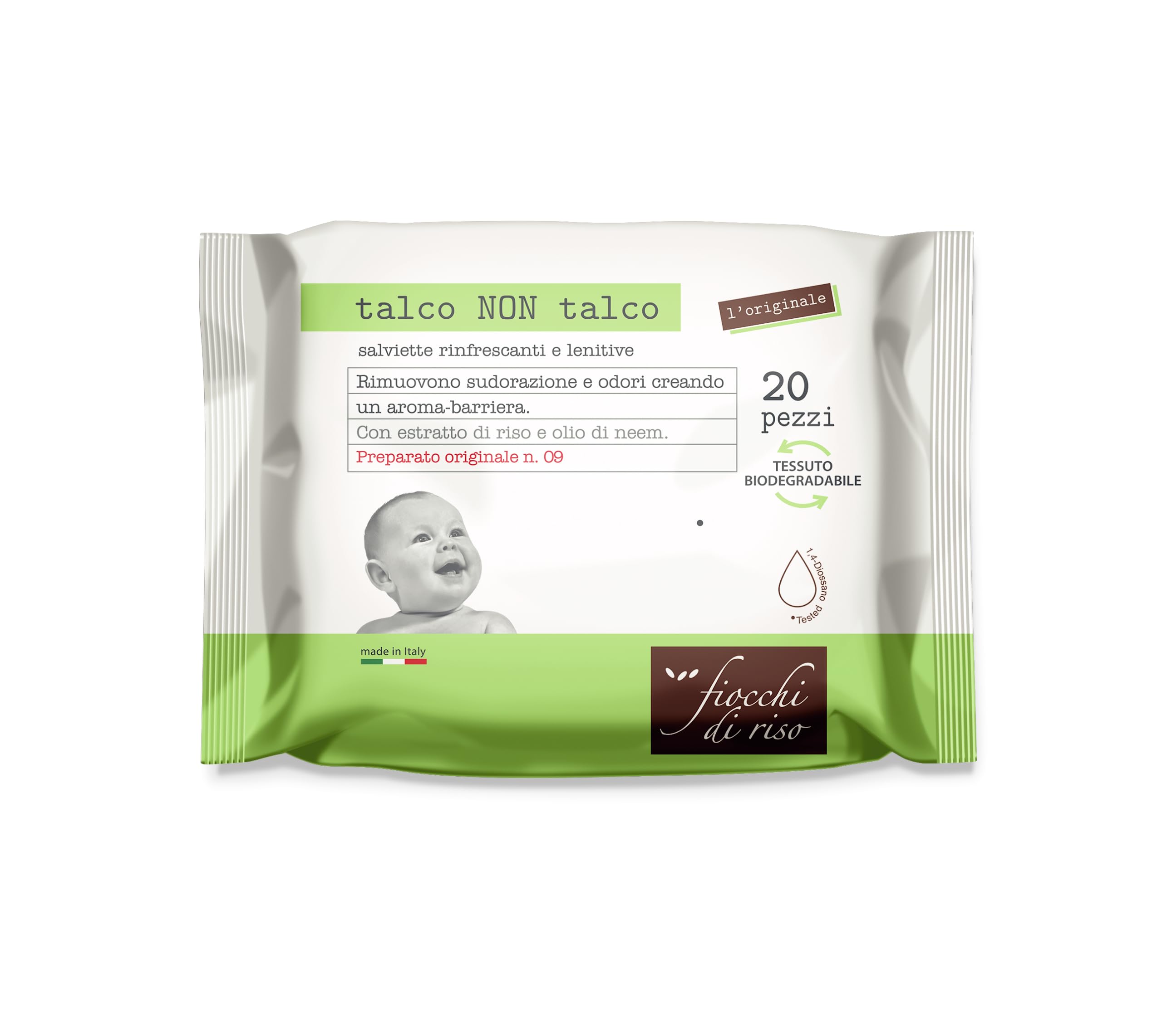 Fiocchi di Riso - Talcum Wipes - 20pcs - Sweating and Mosquitoes - Remove Sweating Creating an Aroma-Barrier respecting the Perspiration of the Skin.