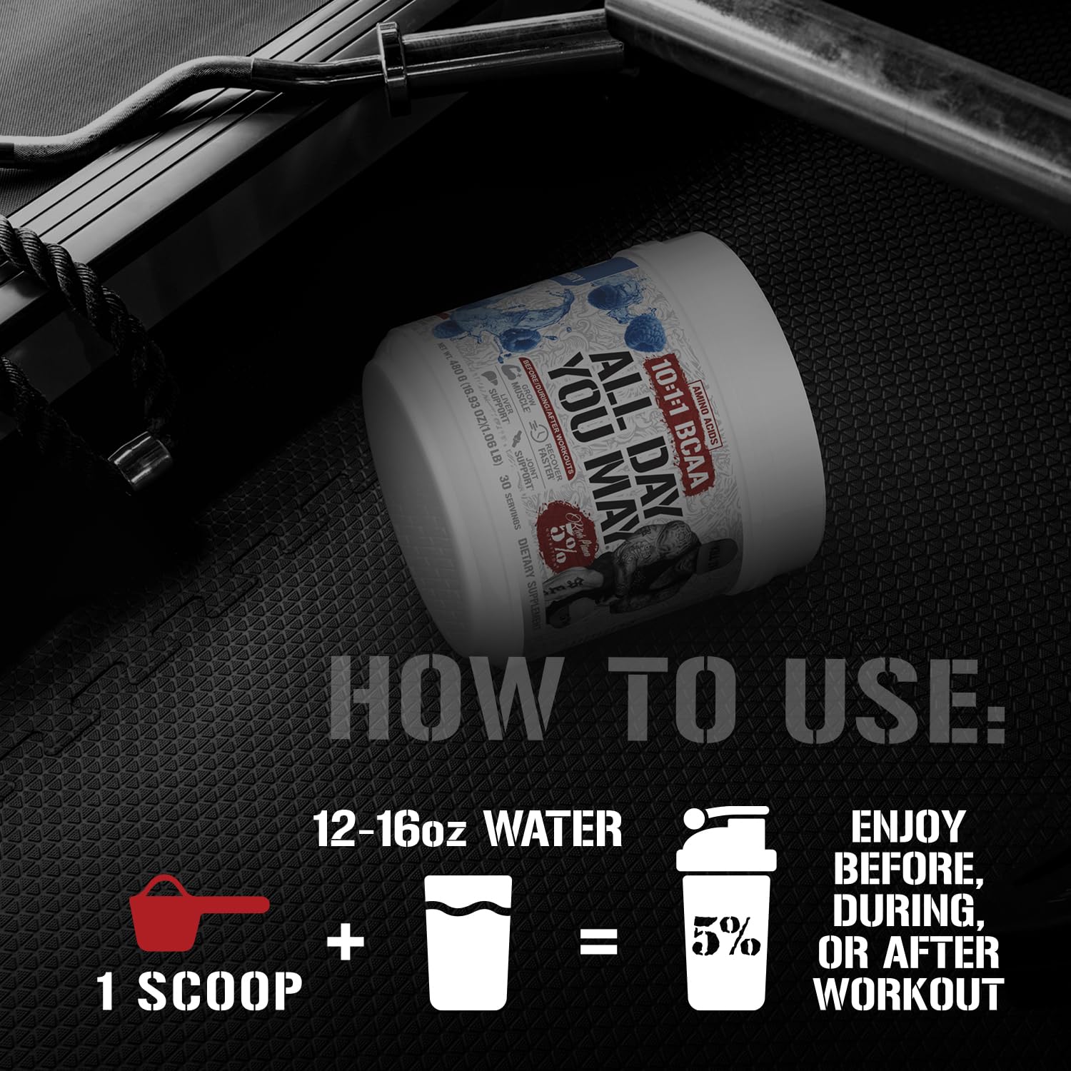 5% Nutrition Rich Piana AllDayYouMay BCAA Powder | Premium Intra & Post Workout Amino Acids, Hydration, Endurance, Muscle Recovery, Joint & Liver Support | 16.93 oz, 30 Servings (Fruit Punch)