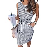 MEROKEETY Women's 2026 Summer Casual Dress Striped Sleeveless Crew Neck Tie Waist Beach Vacation Trendy Short T Shirt Dresses