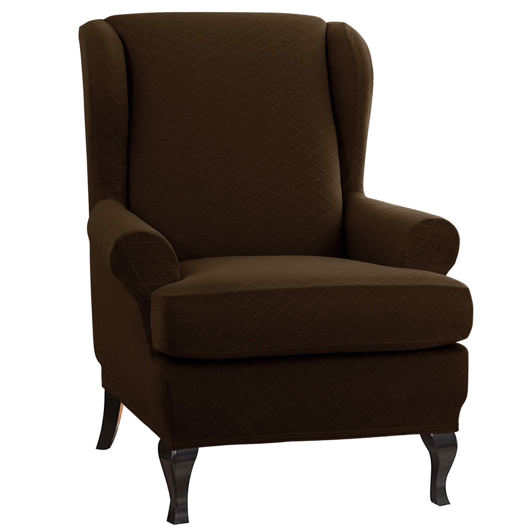 CHUN YI Rhombus Jacquard Armchair cover Elegant Stretchy Recliner Wingback Chair cover (Wing Chair, Chocolate)