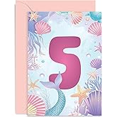 Old English Company 5th Birthday Card for Girl - Daughter Birthday Card Age Five - Milestone Baby Greeting Cards 5 Year Old - Mermaid Shells Coral Birthday Card for Kids - Under Sea Fifth Bday