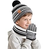 Kids Winter Hat Scarf Gloves: Boys Beanie Hats Gloves Set for Ages 6-10 Warm Thick Fleece Lined Winter Set Knit Cap Snow Ski