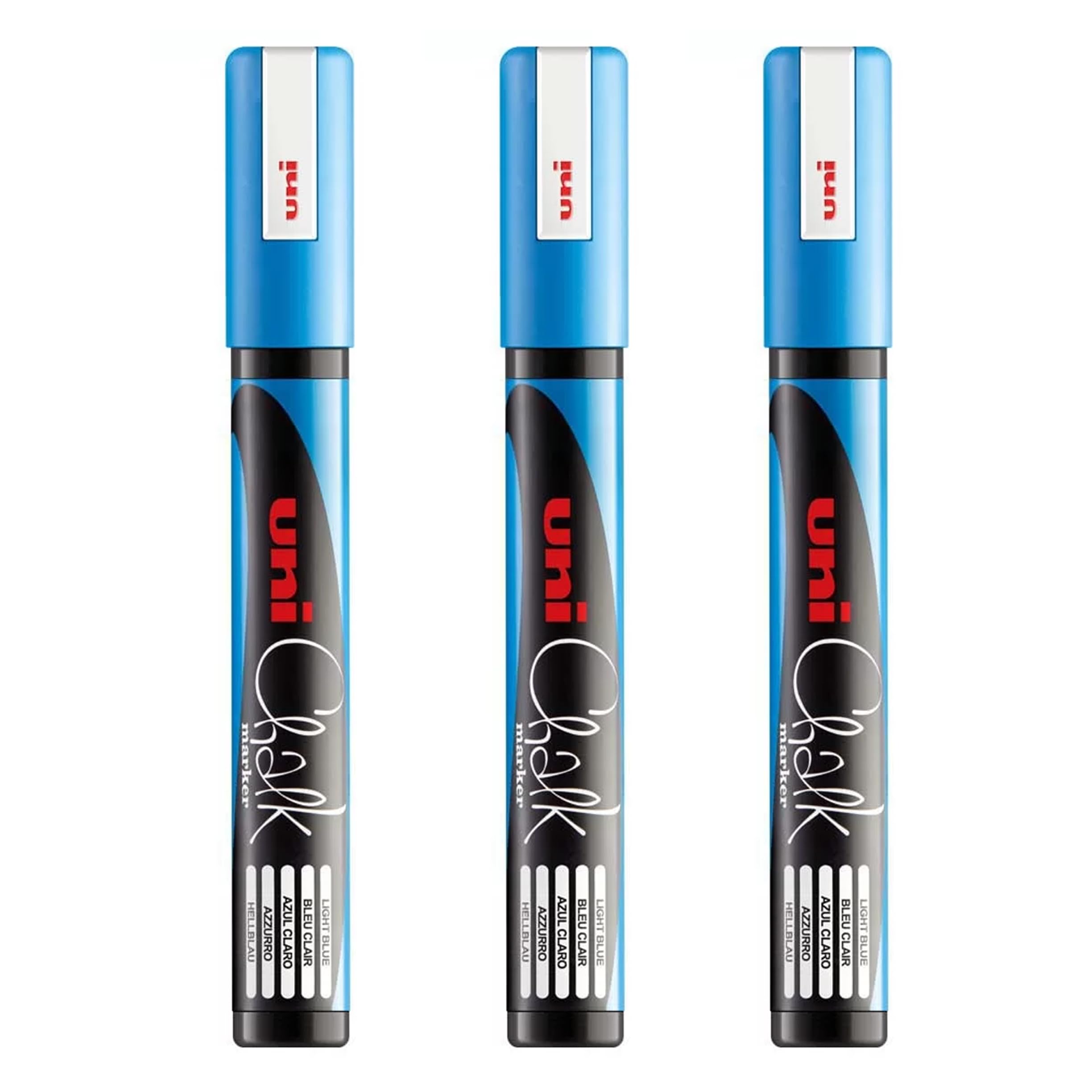 Uni PWE-5M Liquid Chalk Marker Pen - Whiteboard Blackboard Chalkboard - Non Permanent - Light Blue - Pack of 3