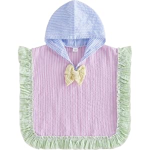 Motlapol Baby Girl Color Block Seersucker Hooded Swim Cover Up Beach Poncho | Cute Hooded Beach Poncho with Striped Seersucke