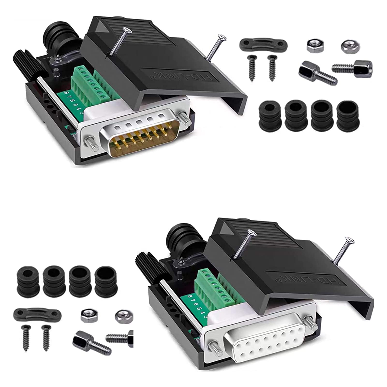 PENGLIN DB15 Solderless RS232 D-SUB Serial Adapters, 16mm thinner 15-pin Serial Connector Solderfree Breakout Board with Case Accessories(Male +Female)
