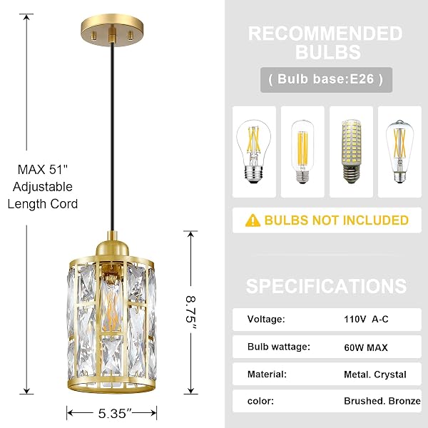 DOLAIMI HOUSE 2 PACK 1 LIGHT 5.4″ CRYSTAL SHADE HANGING KITCHEN ISLAND PENDANT LIGHT GOLD FINISH,MODERN PENDANT FIXTURE WITH CRYSTAL METAL SHADE FOR BAR,DINING ROOM,LIVING ROOM OVER SINK