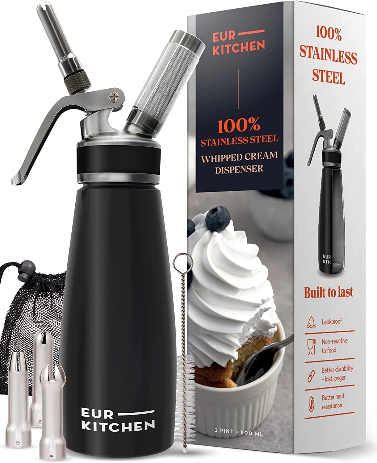 Photo 1 of EurKitchen Stainless Steel Professional Whipped Cream Dispenser - Leak-Free Whip Cream Maker Canister - 3 Decorating Nozzles & Cleaning Brush - 1Pint /500 ML Cream Whipper - N2O Charger (Not Included)