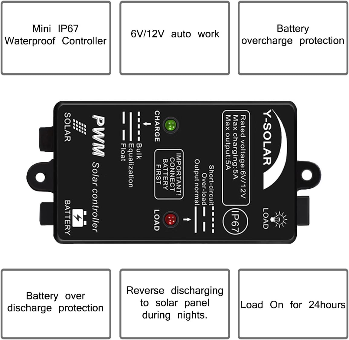 5A Waterproof Solar Charge Controller 6V 12V Auto, 5 amp Solar Panel Charging Regulator IP67 Waterproof 24Hours Load on for Lead-Acid (AGM Gel Seal Foolded) Battery : Garden & Outdoor