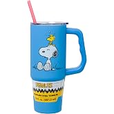 Silver Buffalo Peanuts Snoopy and Woodstock, Stainless Steel Tumbler, 30oz | Soft Touch Finish, Includes Handle and Straw, Double Walled, Fits in Cup Holder, Blue, 0.89 Liters