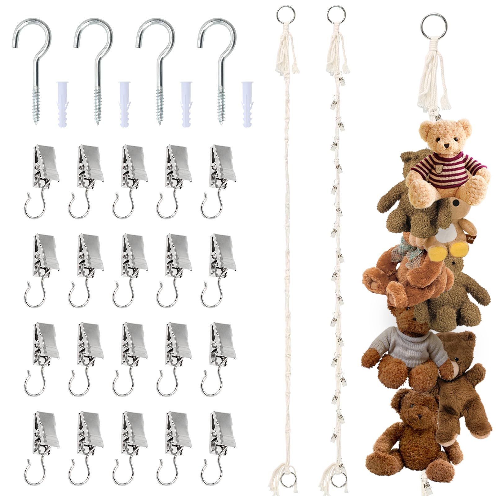 2 Pcs Soft Toy Storage Chains, Plush Toys Holder With Hooks, Boho Stuffed Animal Organizer Chain with 20 Metal Clips, Toy Hammock Teddy Storage Chain for Kids Room Hanging Toys Hats Socks