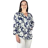 LA CERA Women's Printed Long Sleeved - Pleat Front Shirt with Mandarin Collar/V-Neck, 3/4 Sleeves Work Shirt