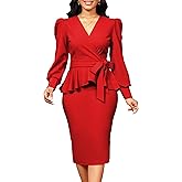Elegant Dresses for Women Sexy Church Long Ruffles Sleeve Business Pencil Vintage Peplum Dress Wear to Work