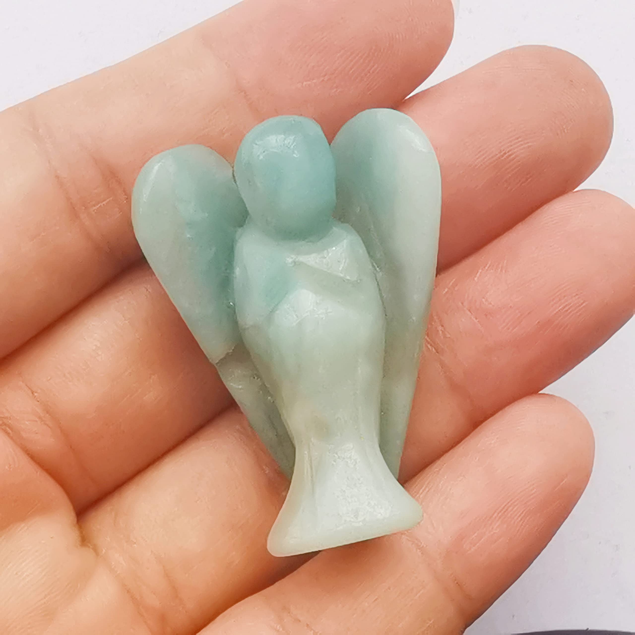 Manekieko Natural Amazonite Healing Crystal Prayer Guardian Angel Statue,38mm Carving Pocket Palm Stone Figurines Decoration