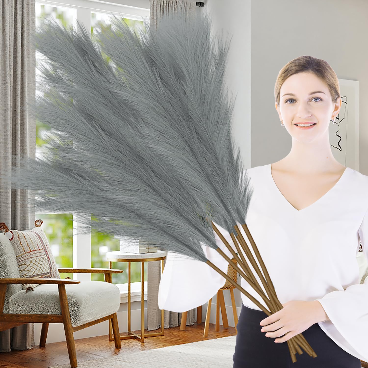 Lighterday 7 Pcs Pampas Grass Artificial 38"/97cm Large PampasGrass Dried Tall Pampas Grass Floor Vases Fluffy Faux PampasGrass for Wedding Living Room Bedroom Boho Home Decor (Grey)