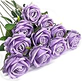 DECEED 10 PCS Artificial Roses with Long Stems Silk Flowers Realistic Foam Flowers Fake Roses for Valentine's Day Home Wedding Halloween Decor(Light Purple)
