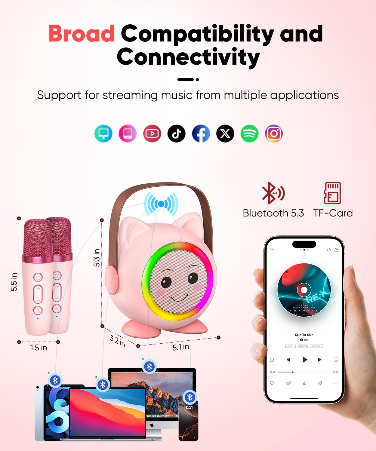 Mini Karaoke Machine Toy for Kids, Portable Karaoke Machine with 2 Wireless Microphone for 4,5,6,7,8,9,10,11,12+ Years Old Christmas Birthday Gifts Girls Boys (Pink)