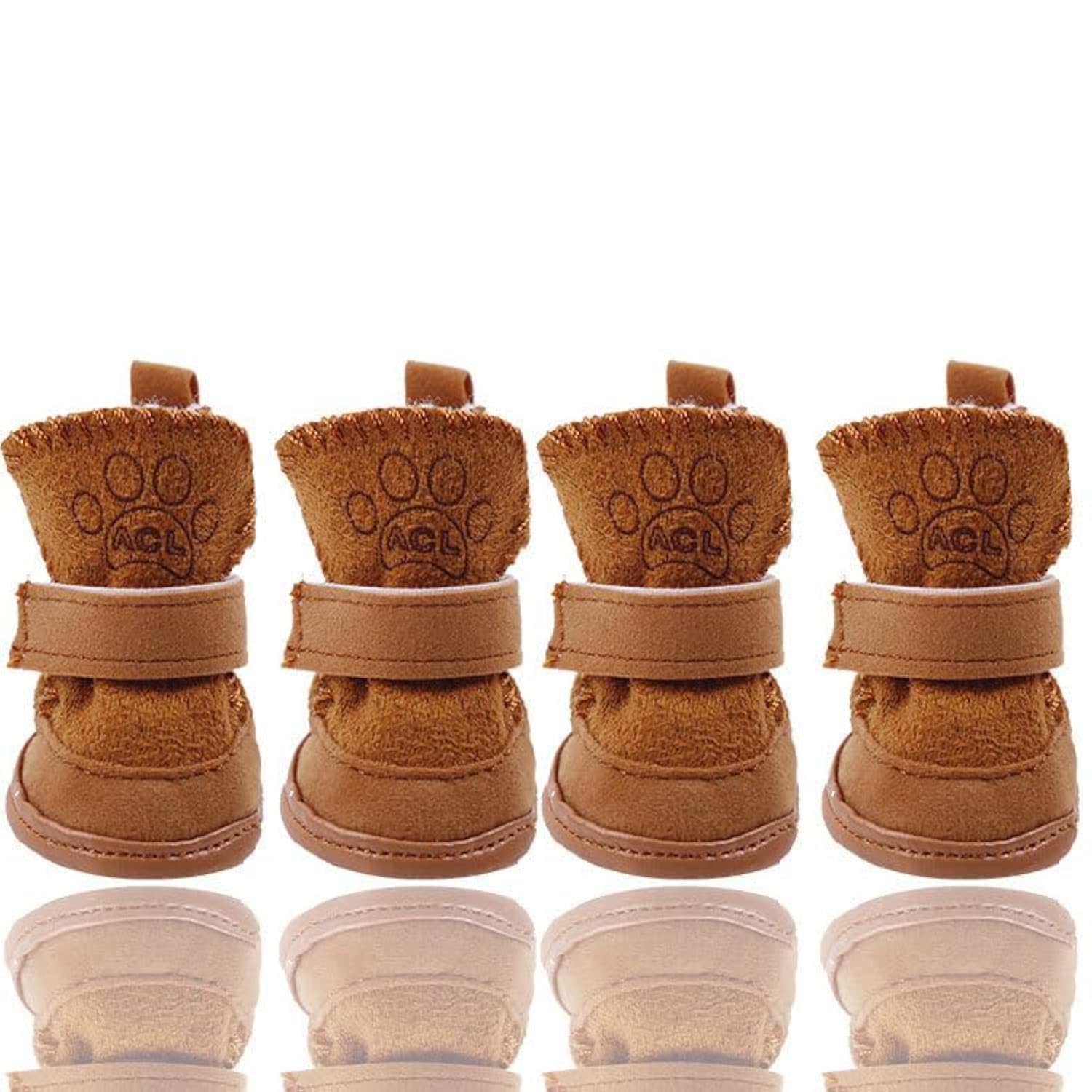 FaJoek Dog Shoes Outdoor, 4 Pieces Dog Shoes Small Dogs, Puppy Boots, Snow Boots for Pets, Dog Shoes Winter, Paw Protection Dog, Plush Dog Boots, for Small Dogs Cats (Brown)