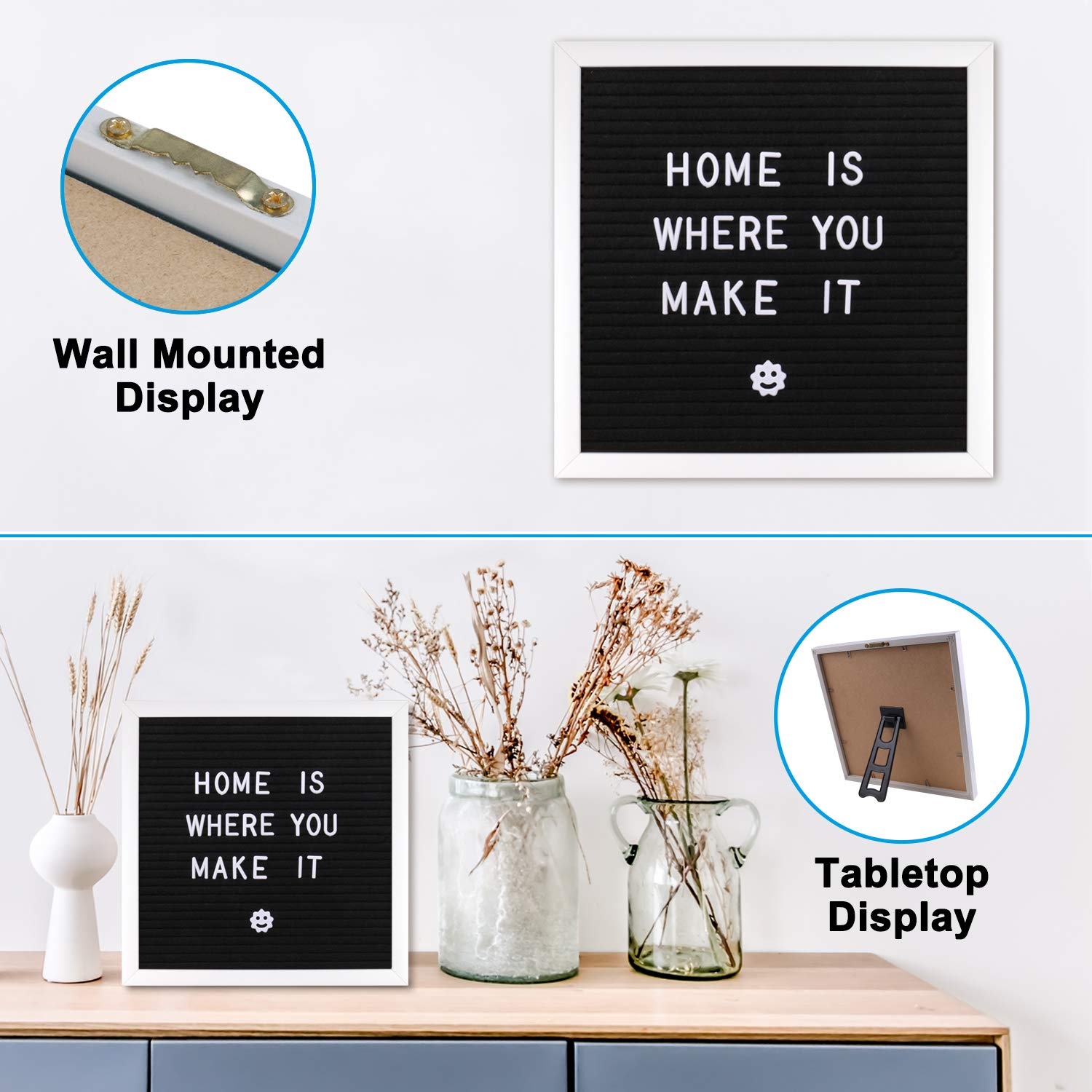 Changable Letter Board 10x10 inches, Message Sign Board with Adjustable Stand,Wall Mount, Canvas Bag and 380 Letters, Numbers & Symbols