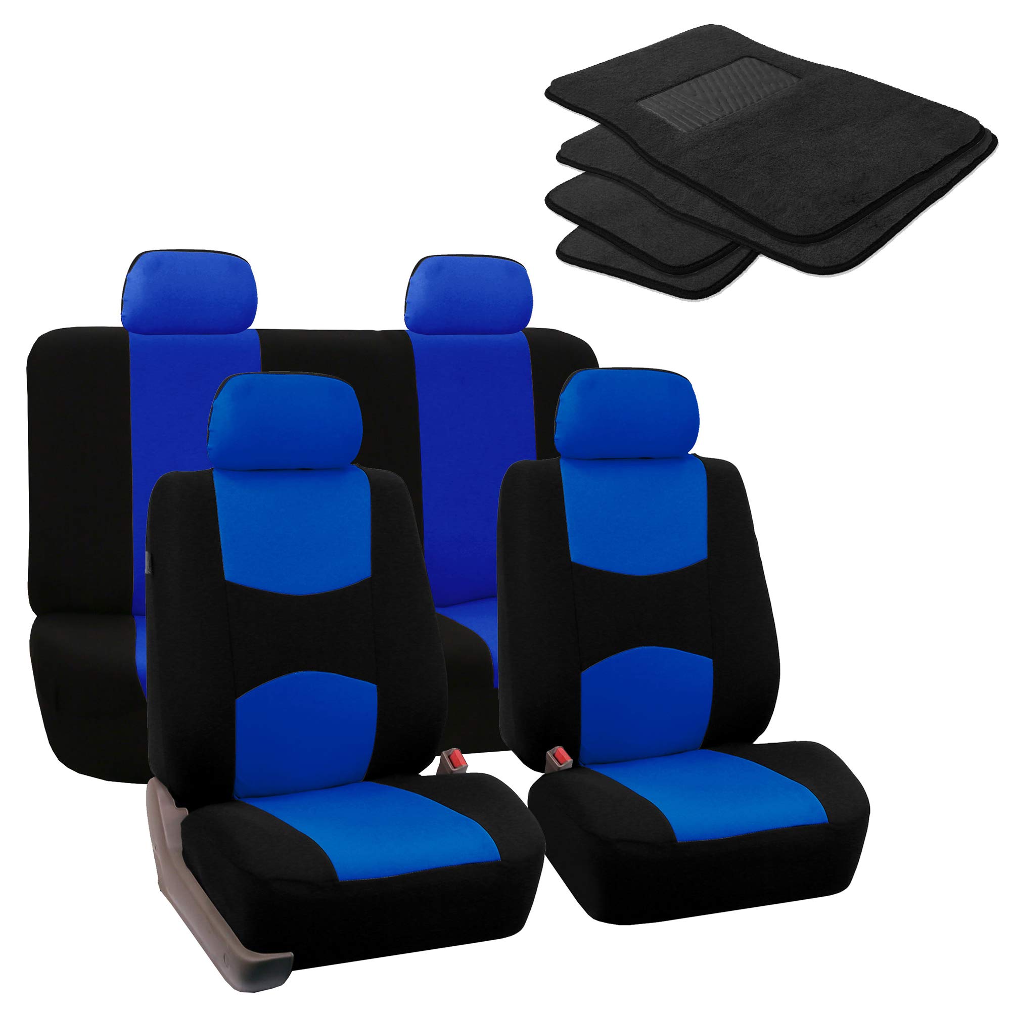 FH GroupFlat Cloth Full Set Car Seat Covers (Blue) + Carpet Floor Mat with Heel Pad (Black) – Universal Fit for Cars Trucks & SUVs