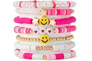 YALASOBA Preppy Bracelets Set Colorful White Gold Smile Heart Star Evil Eye Beaded Polymer Clay Pearl Stackable Charm Y2K Kidcore Summer Beach Bohemian Layering Bracelets Jewelry for Women Girls Teens