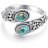 AVECON Adjustable Turquoise Rings for Women 925 Sterling Silver Spoon Ring Vintage Heart Vine Statement Ring Personalized Jewelry Gifts Size 6-8