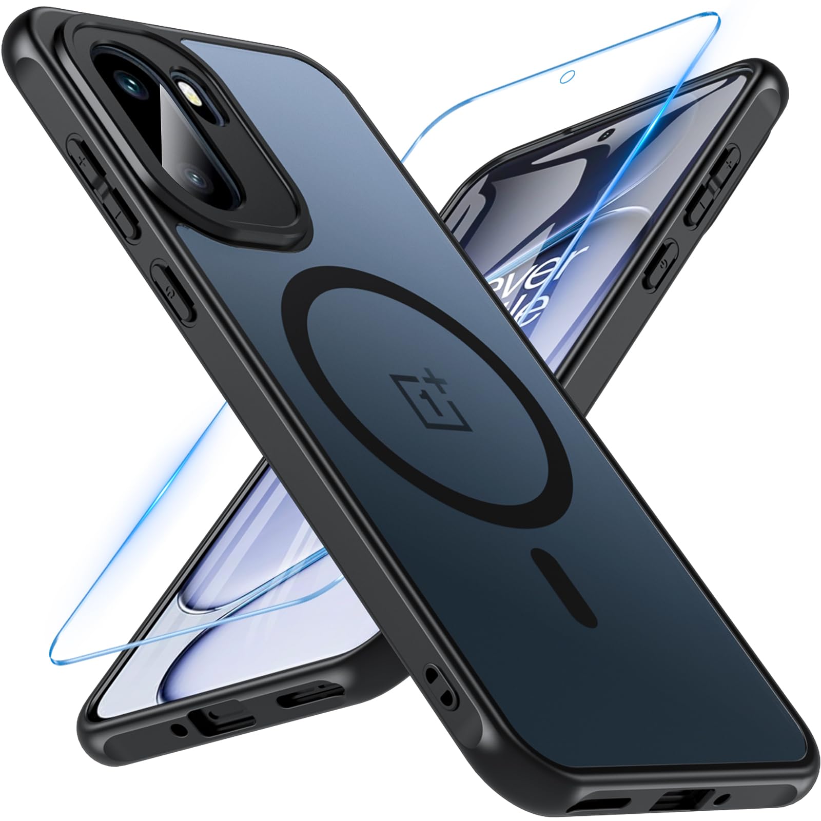 Hensinple Magnetic for OnePlus 15R Case, with OnePlus 15R Screen Protector, [Compatible with MagSafe] Translucent Matte Shockproof Military Grade Protection Cover Phone Case for OnePlus 15R 5G(Black)