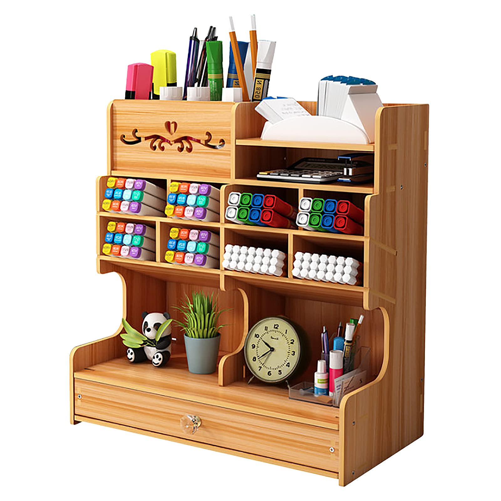 Hggzeg Wooden Desk Organiser DIY Desktop Tidy Pen Holder Large Capacity Stationery Storage Box with Drawer for Home, Office and School (B18 Cherry Color)