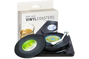 ANKZON Funny Retro Record Coasters for Drinks with Vinyl Player Holder for Music Lovers,Set of 6 Conversation Piece Sayings Drink Coaster,Housewarming Hostess Wedding Registry Gift Ideas