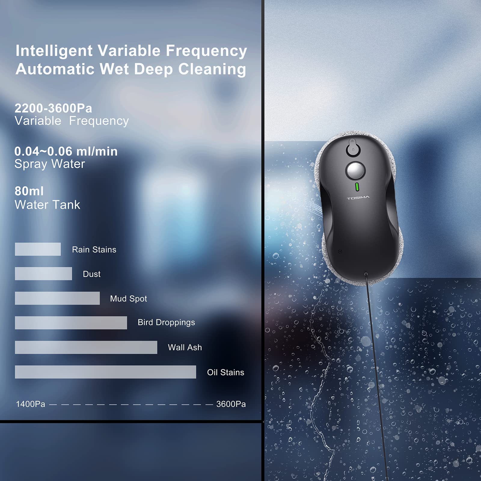 Tosima W3 Robot limpiacristales - Limpiacristales inteligente con pulverización automática de doble dirección con triple sistema de seguridad, navegación inteligente, control remoto, para todas las superficies lisas, con 12 trapos, negro