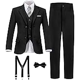 Boy's Formal Suit 7 Piece Slim Fit Tuxedo for Kids Teen Boys Jacket Vest and Pants Set for Wedding with Bow Tie Suspenders
