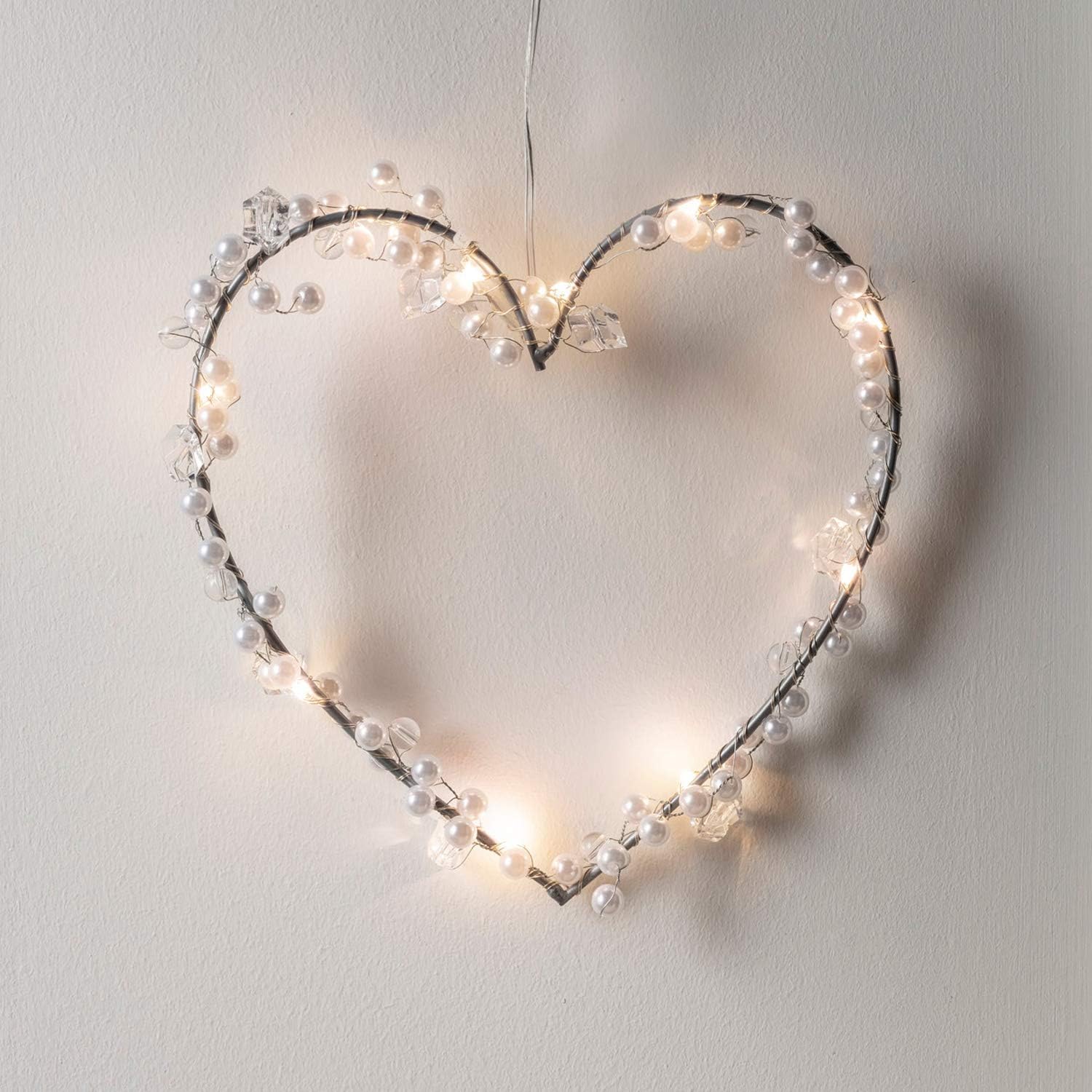 Lights4fun Battery Micro Light Pearl Heart Wreath Decoration with Timer