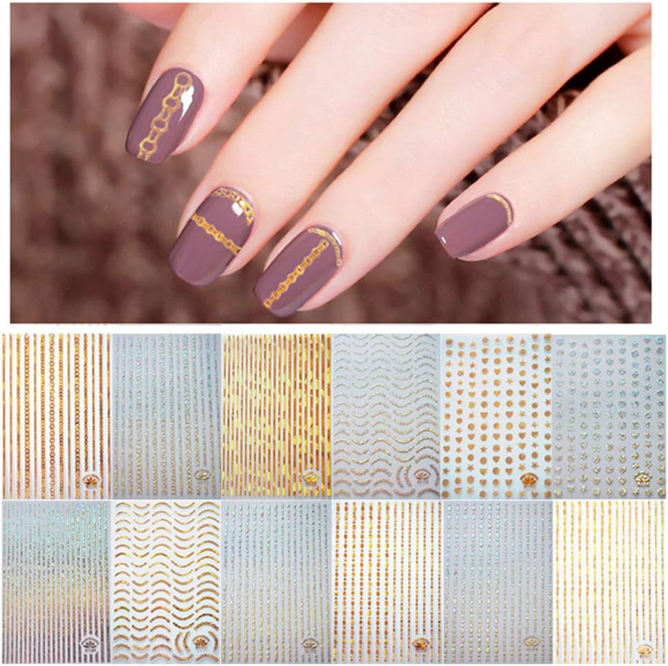 12 Sheets Gold Silver 3D Metallic Nail Stickers for Women, Kalolary Noble Metallic Chains Line Wave Point Stars Nail Stickers Curve Stripe Lines Adhesive Striping Tape Nail Design Gift for Women