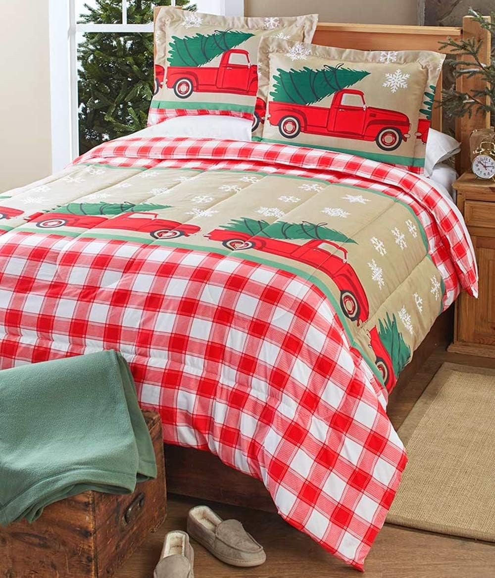 Briskly41 Tree Farm Holiday Comforter Plaid Snowflakes Country Vintage Red Truck Christmas Set of 3 King