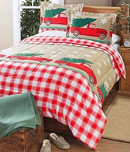 Briskly41 Tree Farm Holiday Comforter Plaid Snowflakes Country Vintage Red Truck Christmas Set of 3 King