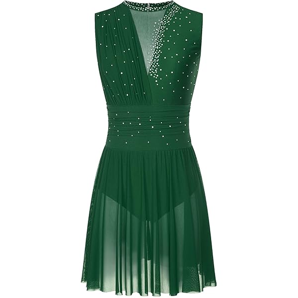 Women's Sleeveless Lyrical Dance Dress - Sheer Mesh Shiny Performance Costume For Figure Skating