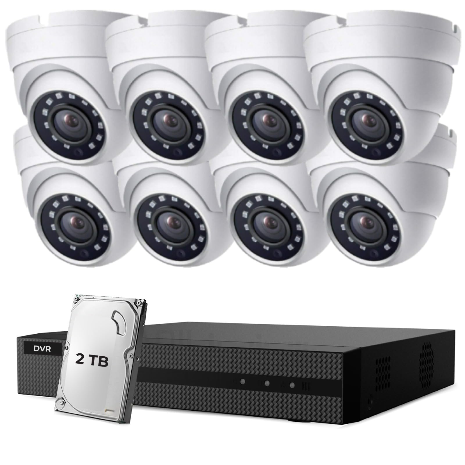 HIZONE PRO 8CH 1080P Security Camera System with Hard Drive 2TB, H.265+ 8 Channel DVR Recorder and Weatherproof CCTV Dome Cameras Indoor Outdoor, 80ft Night Vision (8Camera(White)+2TB)