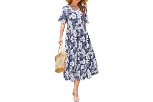 STYLEWORD Women's 2024 Summer Casual Short Sleeve Crewneck Tiered Flowy Midi Dress Long Hawaiian Beach Sundress