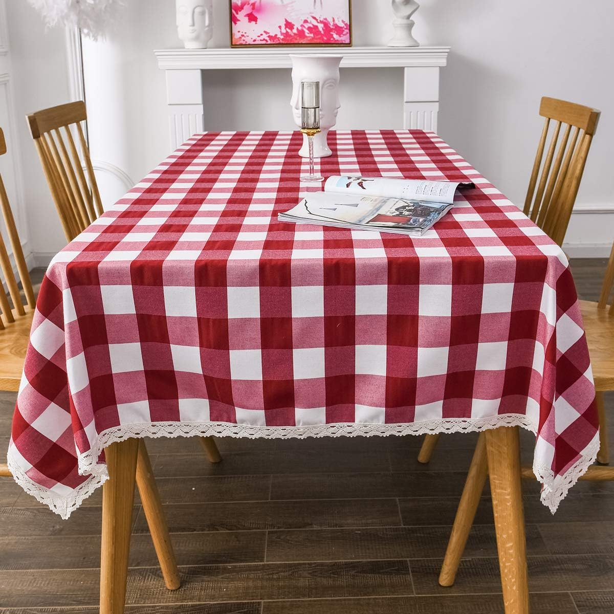 BEBEN Lace Checkered Tablecloth,Spillproof and Washable Polyester Table Cloth for Rectangle Tables,52-Inch-by-70,Red and White Checkered,Seats 4 to 6 People: Kitchen & Dining