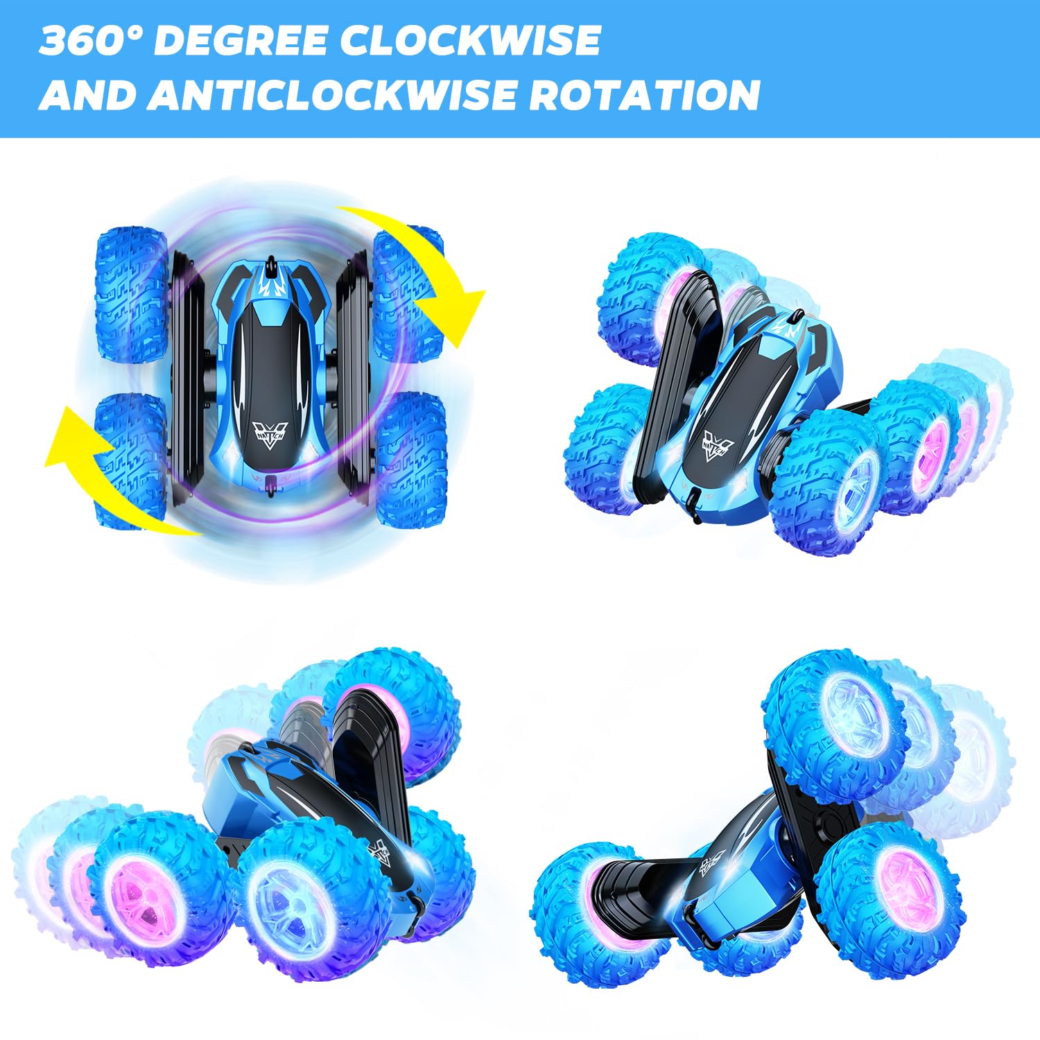 KKONES Remote Control Car, 2.4GHz Double Sided 360° Flips Rotating Electric Race RC Stunt Car, LED Wheel & Headlight High Speed Off Road Cars Toy Gift for 3 4 5 6 7 8-12 Year Old Boy Toys (Blue)