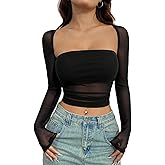 Floerns Women's Y2k See Through Long Sleeve Crop Tops Long Sleeve Mesh Going Out T Shirts