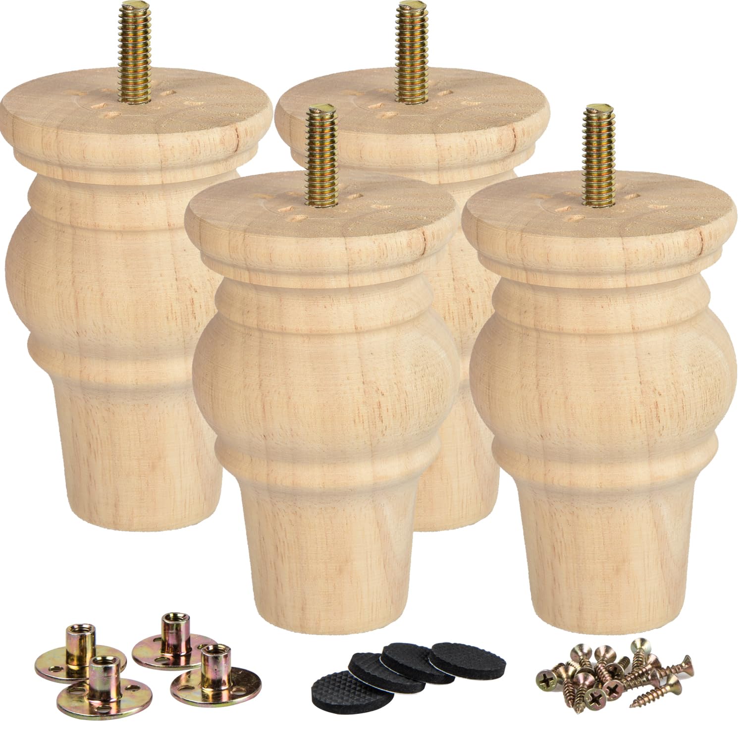 La Vane 4 Inch Unfinished Solid Wood Furniture Legs (10cm) - 4PCS Spindle Bun Feet with Pre-Drilled M8 Bolt & Mounting Plate for Sofa, Couch, Chair, Ottoman Replacement