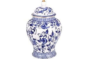 Chinoiserie Ginger Jar with Gilt Edges,7.87 Inch Ceramic Blue and White Ginger Jar with Lid,Porcelain Ginger Jars Vase for Ho