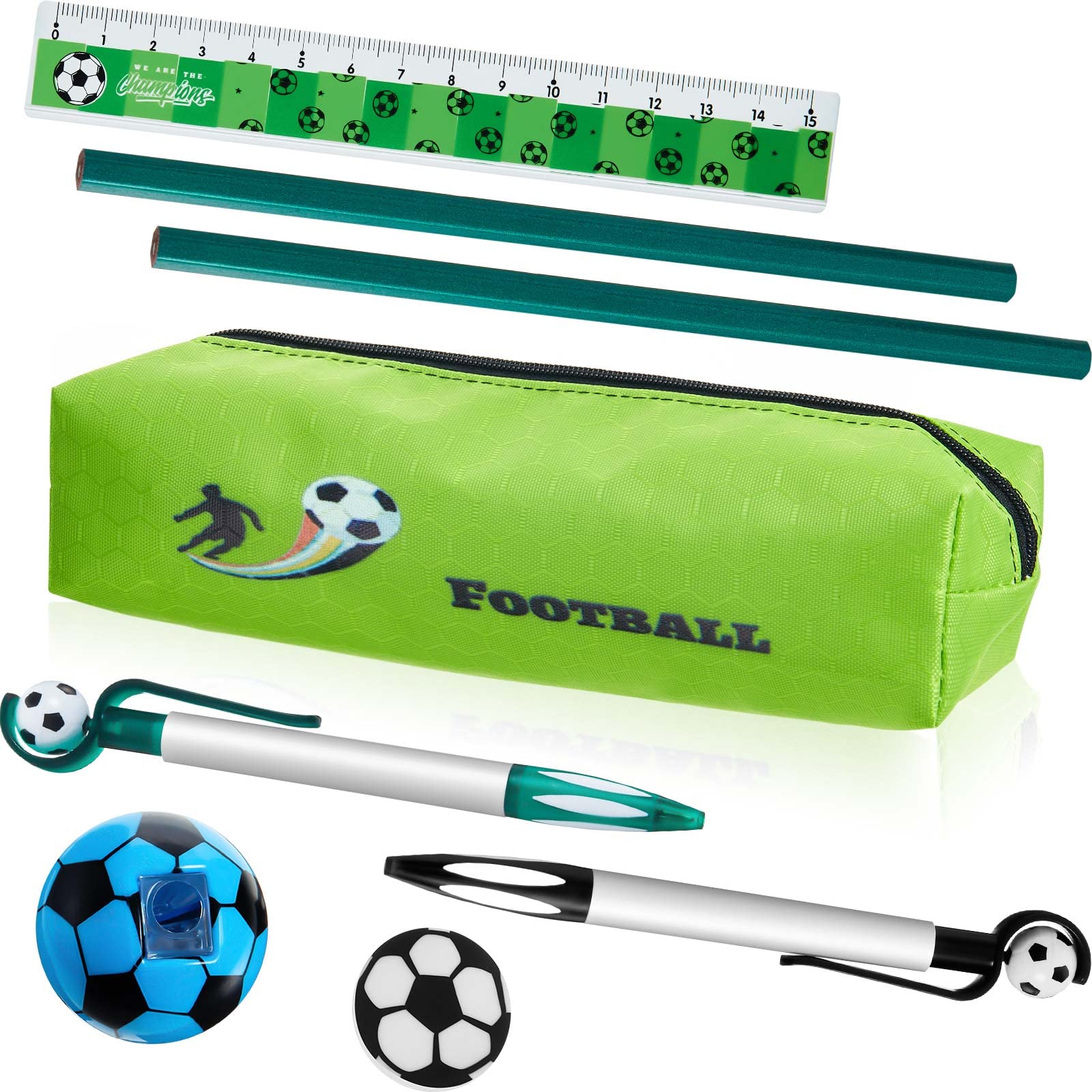 Patelai Christmas Football Theme Stationery Set - 8 Pieces Including Portable Pencil Case, Soccer Shaped Ballpoint Pens, Pencil Sharpener, Ruler for Students' Gifts